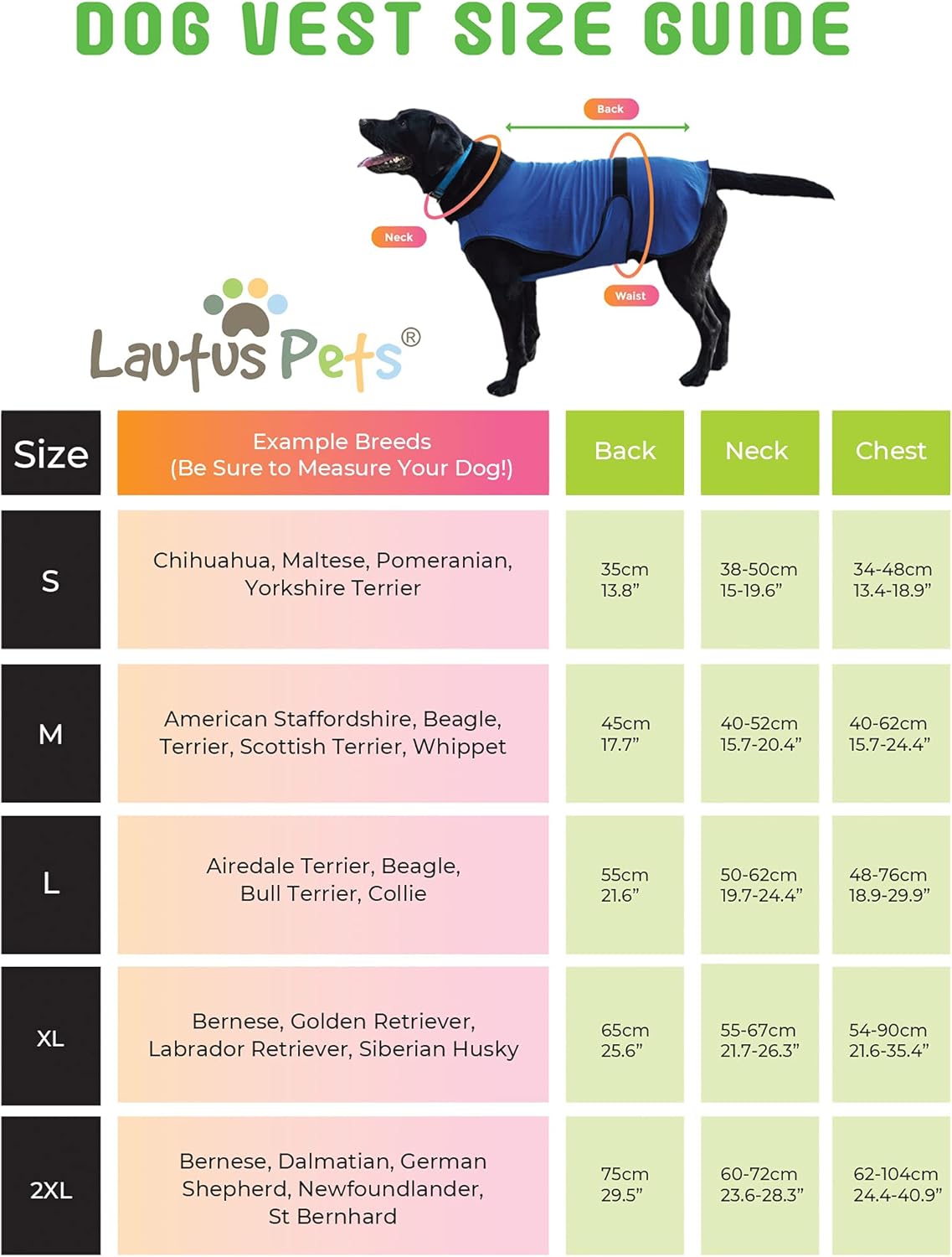 Lautus Pets Cooling Vest Size Guide